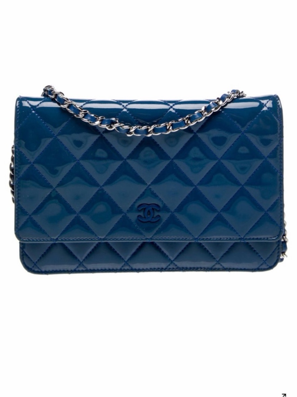 CHANEL Quilted Patent Leather Crossbody Bag in Blue with Silver Chain